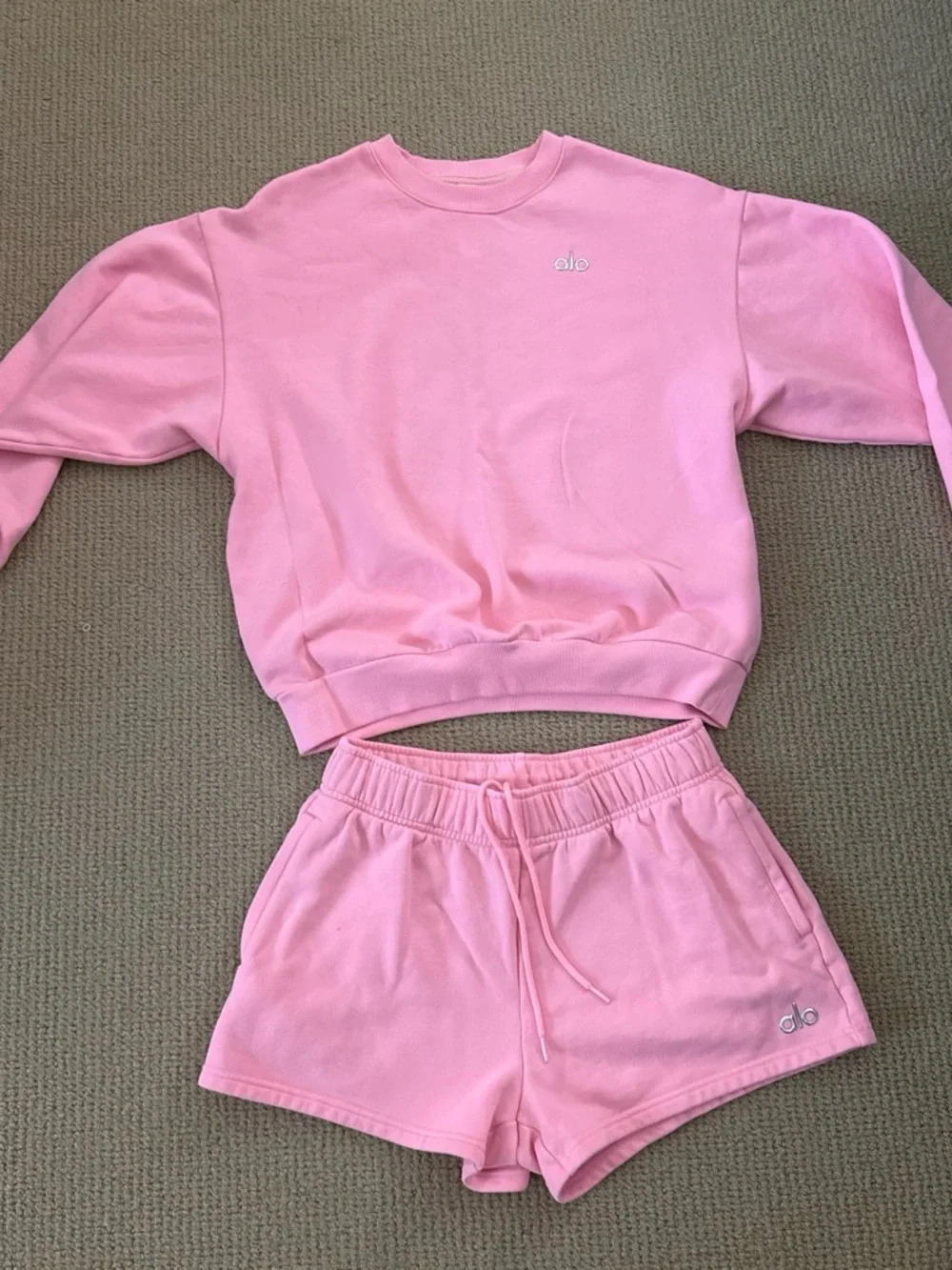 ALO Yoga Pink Sweatshirt and Shorts Set